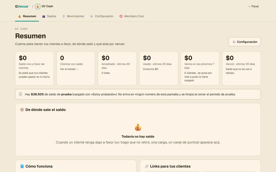 Resumen: saldo a favor, cargas, consumos y vencimientos