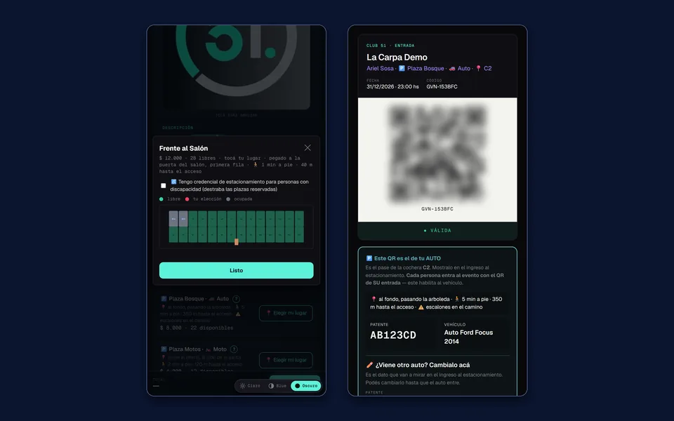 El comprador elige su cochera y recibe su ticket con QR