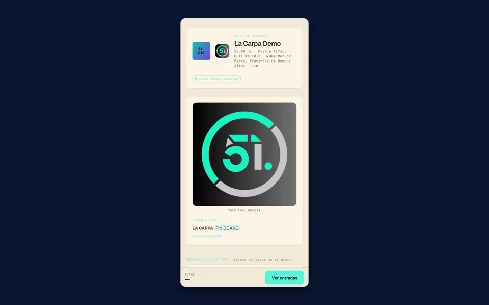 La página de venta del evento, en el celular