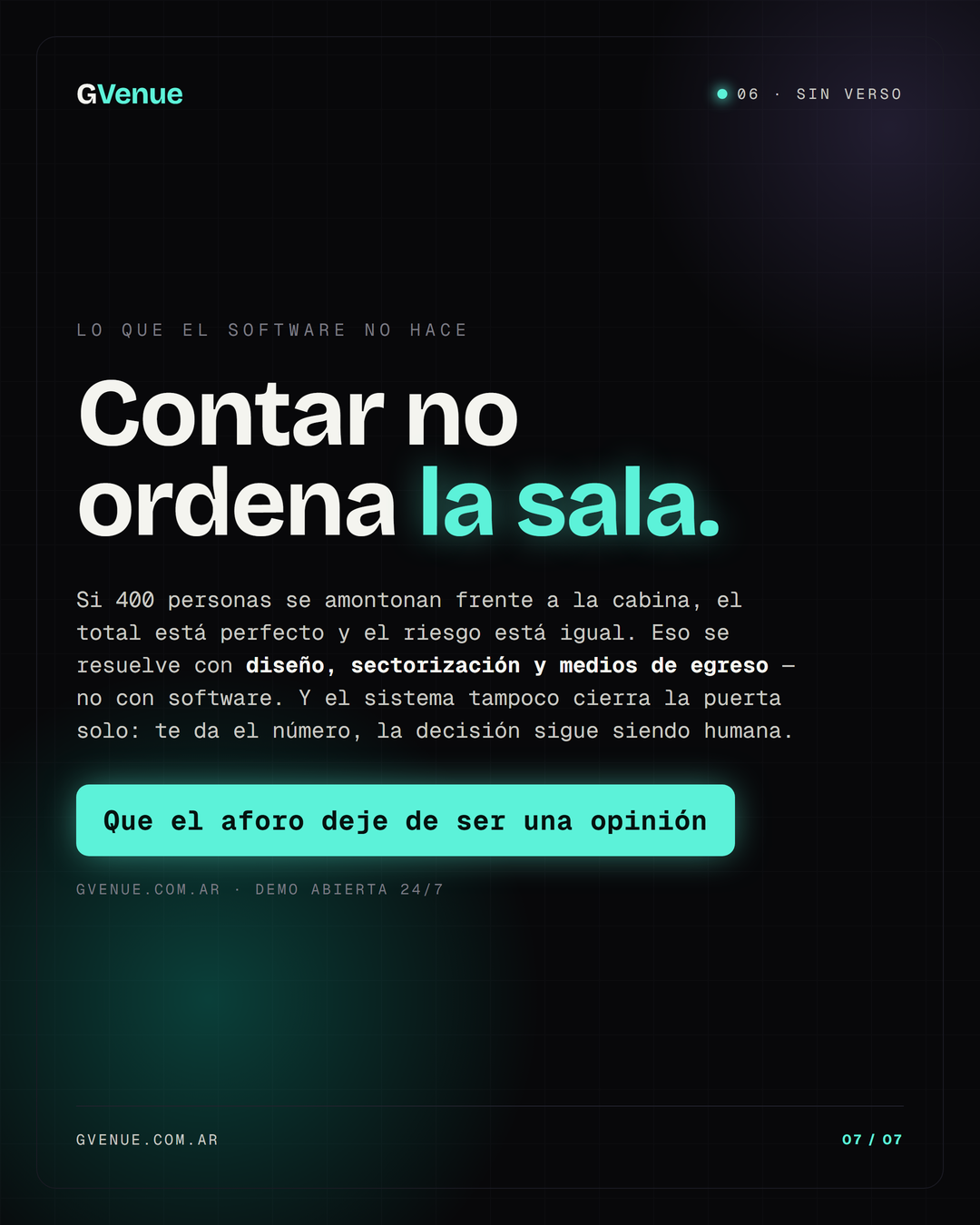 Contar no ordena la distribución de la gente adentro: eso es diseño de sala, sectorización y medios de egreso.